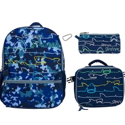 Accessory Innovations Shark Zone 3-Piece Backpack Set With 16” Backpack, Lunch Box, Carabiner And Pencil Case, Blue