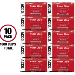 ACCO® Economy Non-Skid Paper Clips, 1000 Total, Jumbo, Silver, 100 Per Box, Pack Of 10 Boxes