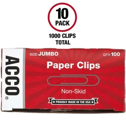 ACCO® Economy Non-Skid Paper Clips, 1000 Total, Jumbo, Silver, 100 Per Box, Pack Of 10 Boxes