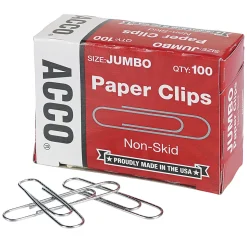 ACCO® Economy Non-Skid Paper Clips, 1000 Total, Jumbo, Silver, 100 Per Box, Pack Of 10 Boxes