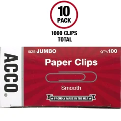 ACCO® Economy Smooth Paper Clips, 1000 Total, Jumbo, Silver, 100 Per Box, Pack Of 10 Boxes