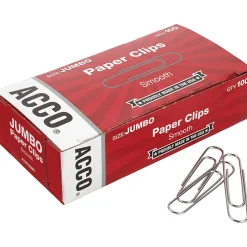 ACCO® Economy Smooth Paper Clips, 1000 Total, Jumbo, Silver, 100 Per Box, Pack Of 10 Boxes