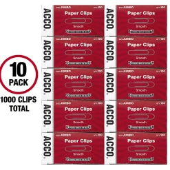 ACCO® Economy Smooth Paper Clips, 1000 Total, Jumbo, Silver, 100 Per Box, Pack Of 10 Boxes