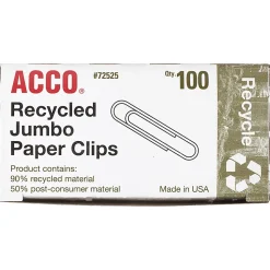 ACCO® Paper Clips, Box Of 100, Jumbo, 90% Recycled, Silver