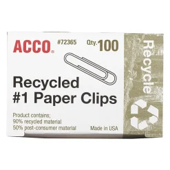ACCO® Paper Clips, Box Of 100, No. 1, 90% Recycled, Silver