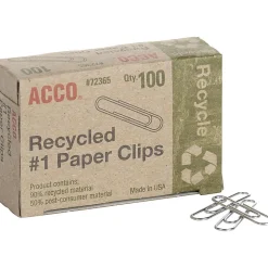 ACCO® Paper Clips, 1000 Total, Silver, Recycled, 100 Per Box, Pack Of 10 Boxes