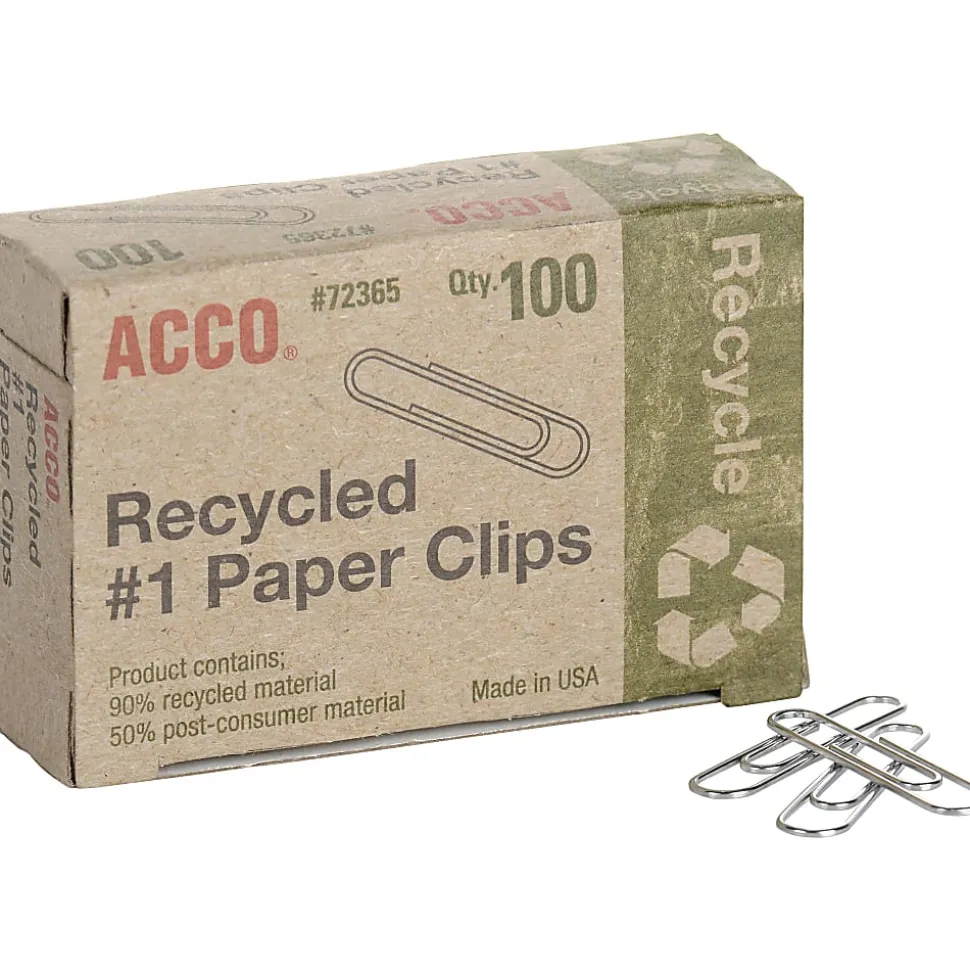 ACCO® Paper Clips, 1000 Total, Silver, Recycled, 100 Per Box, Pack Of 10 Boxes