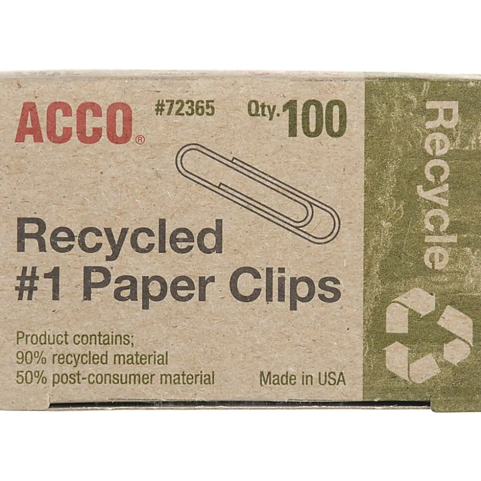 ACCO® Paper Clips, 1000 Total, Silver, Recycled, 100 Per Box, Pack Of 10 Boxes