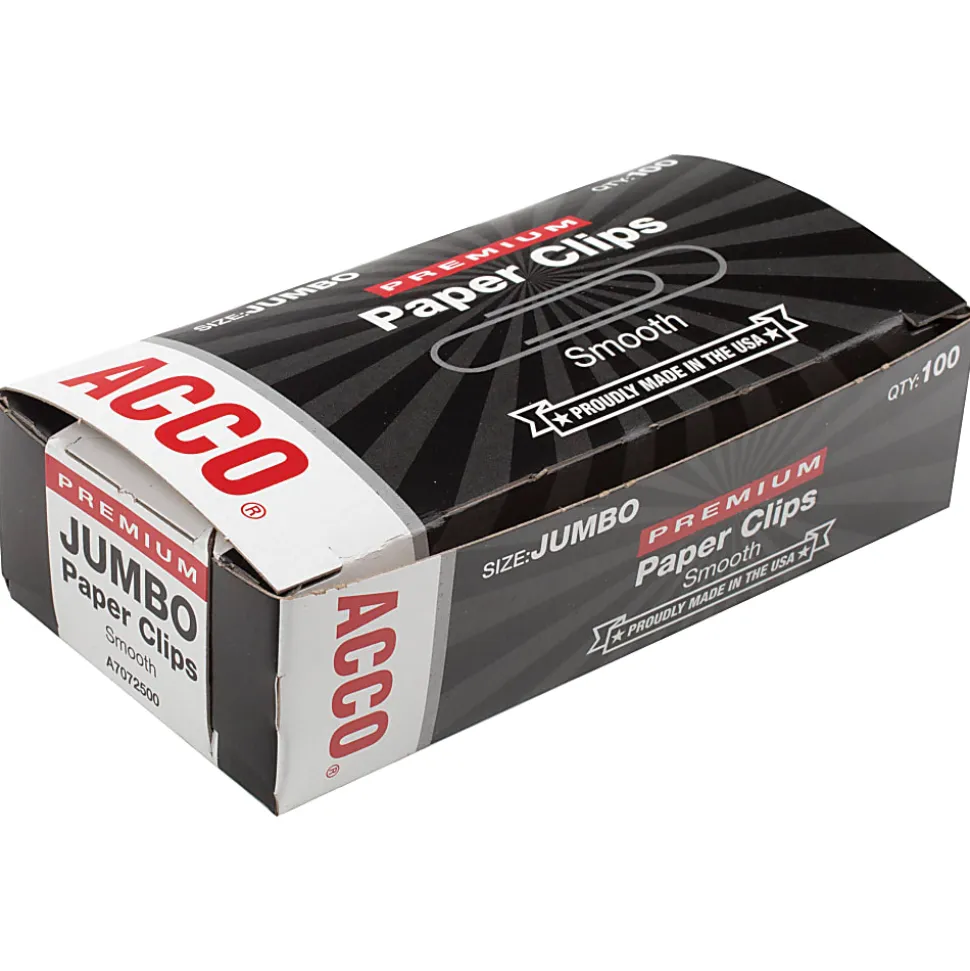 ACCO® Premium Paper Clips, 1000 Total, Jumbo, Silver, 100 Per Box, Pack Of 10 Boxes