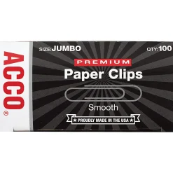 ACCO® Premium Paper Clips, 1000 Total, Jumbo, Silver, 100 Per Box, Pack Of 10 Boxes