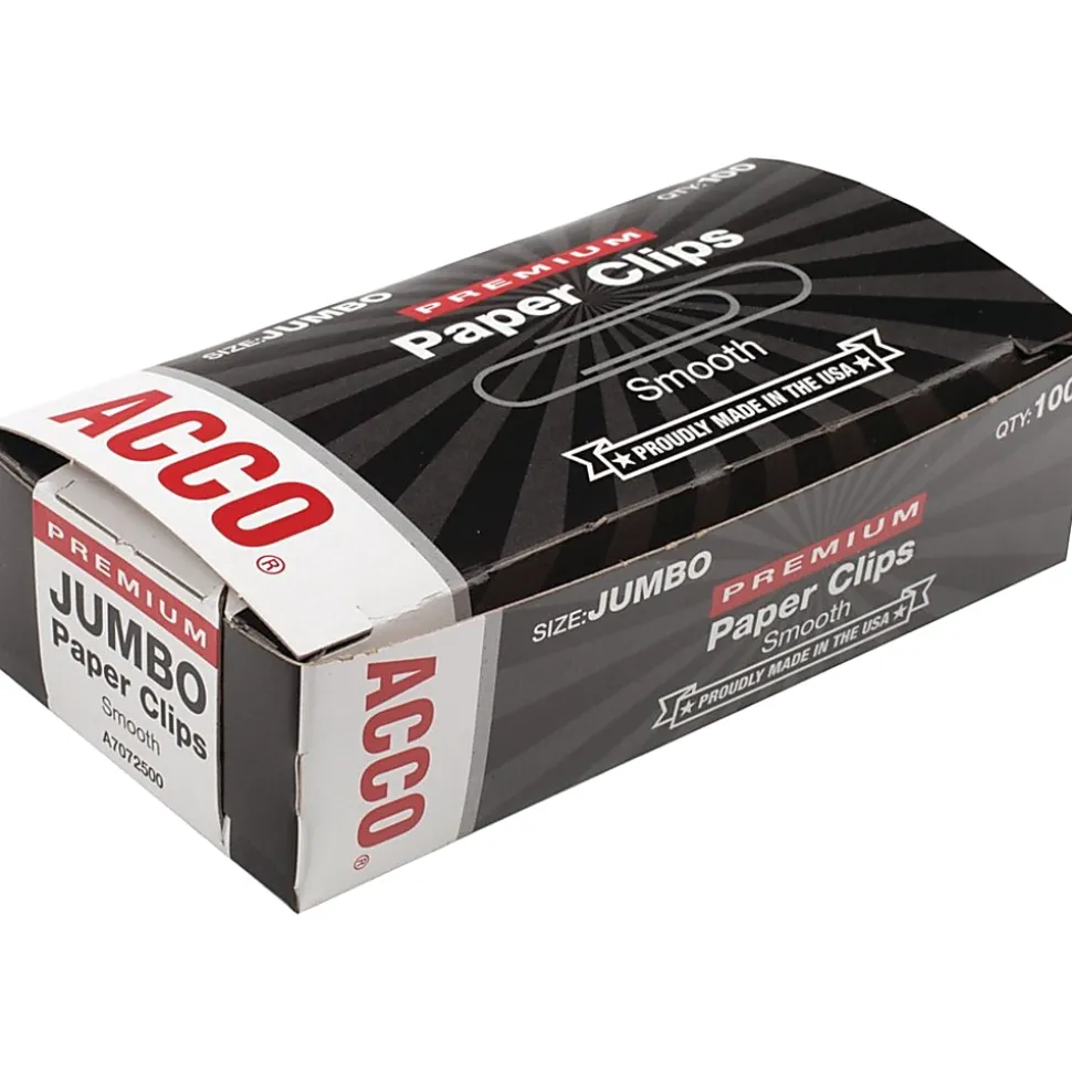 ACCO® Premium Paper Clips, 1000 Total, Jumbo, Silver, 100 Per Box, Pack Of 10 Boxes