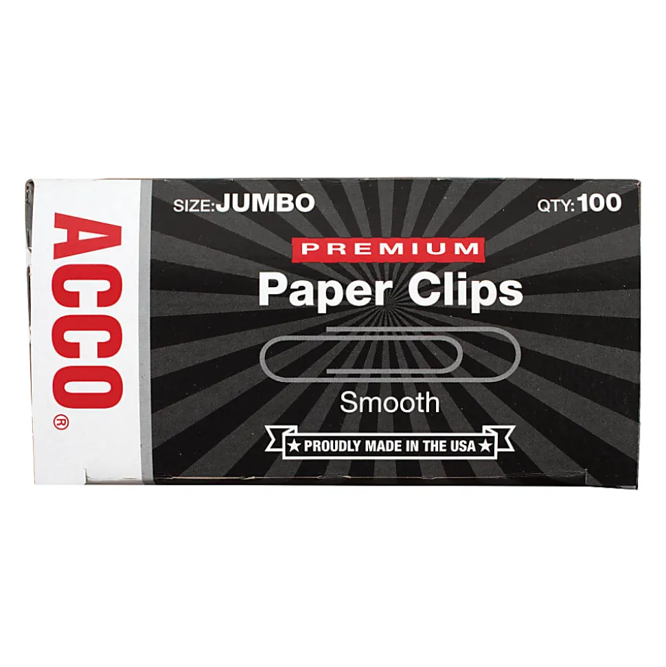 ACCO® Premium Paper Clips, 1000 Total, Jumbo, Silver, 100 Per Box, Pack Of 10 Boxes