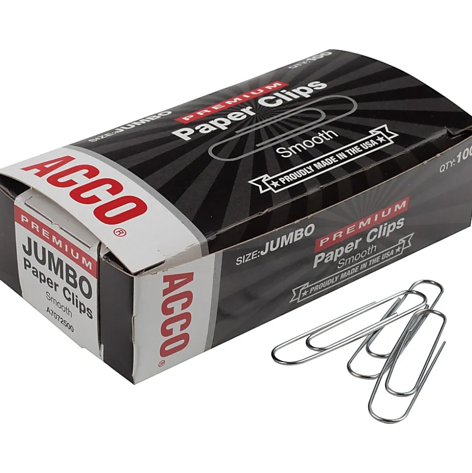 ACCO® Premium Paper Clips, 1000 Total, Jumbo, Silver, 100 Per Box, Pack Of 10 Boxes