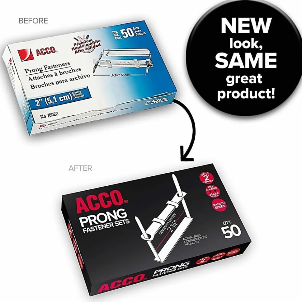 ACCO® Premium Prong Fastener for Standard 2-Hole Punch (2 3/4" Centers), Complete Set, 2" Capacity, Box of 50 - A7070022