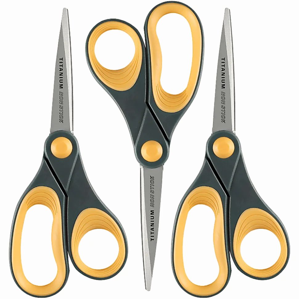 Acme United Titanium Nonstick Scissors, 8", Pointed, Gray/Yellow, Pack Of 3