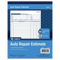 Adams® Auto Repair Estimate Book, 2-Part, 8 7/16" x 10 3/4", White/Canary, 50 Sets Per Book