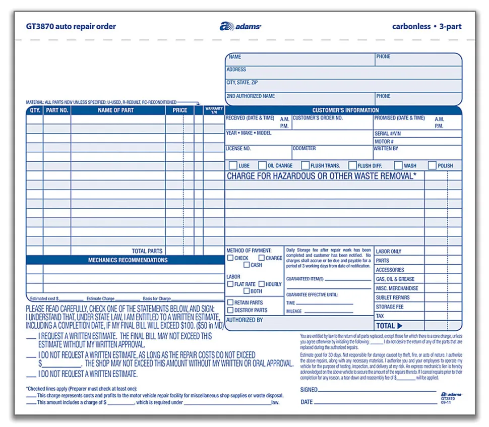 Adams® Auto Repair Order Set, 8 1/2" x 7 7/16", 3-Part, Carbonless, White/Canary/White