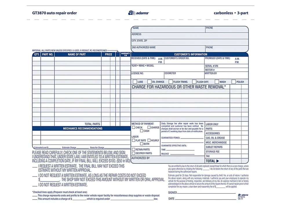 Adams® Auto Repair Order Set, 8 1/2" x 7 7/16", 3-Part, Carbonless, White/Canary/White