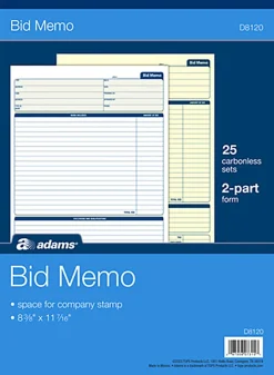 AdamsĀ® Bid Memo Book, 8 3/8" x 11 7/16", White, 50 Sheets Per Book