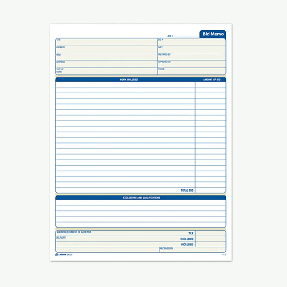 Adams® Bid Memo Book, 8 3/8" x 11 7/16", White, 50 Sheets Per Book