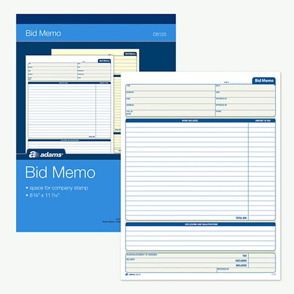 Adams® Bid Memo Book, 8 3/8" x 11 7/16", White, 50 Sheets Per Book