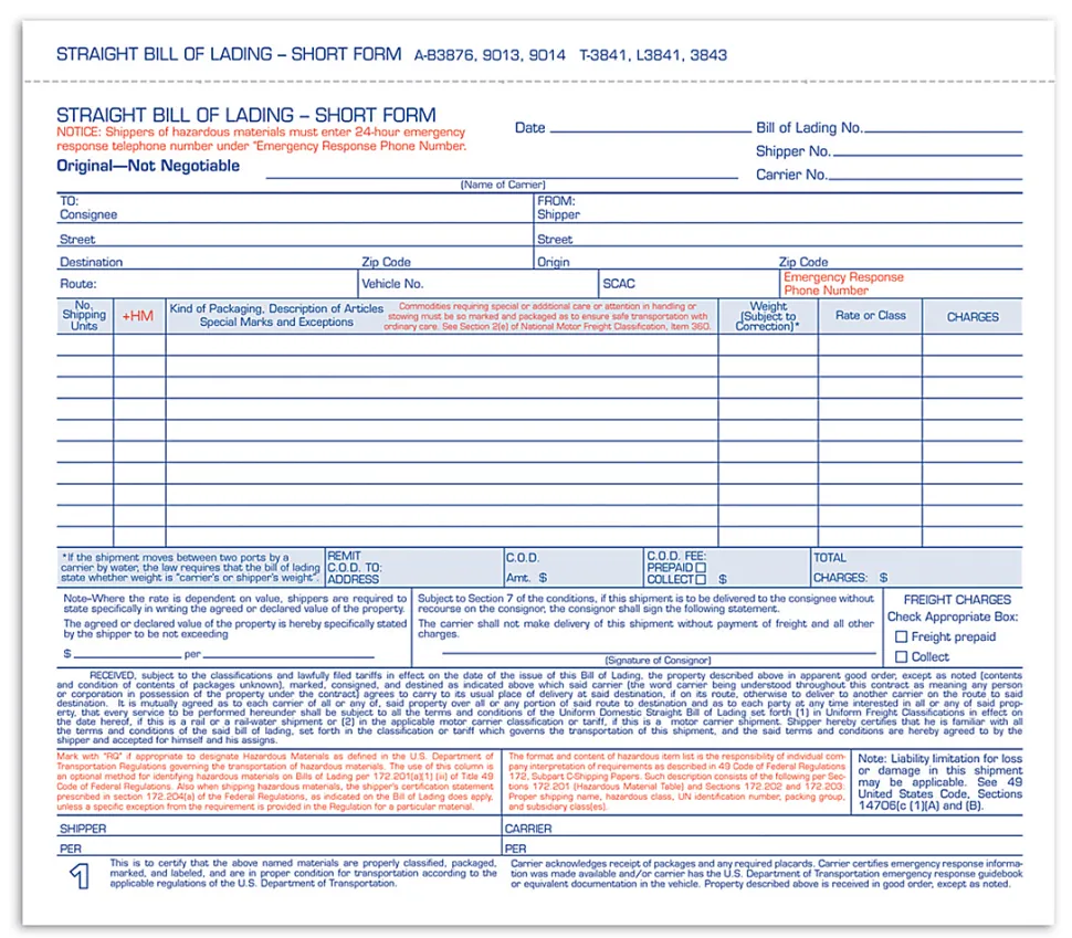 Adams® Bill Of Lading Forms, 7 5/8" x 11", 3-Part, Pack Of 250