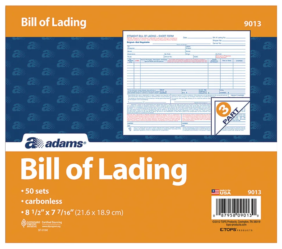 Adams® Bill Of Lading Forms, 8 1/2" x 7 7/16", 3-Part, Pack Of 50 Sets