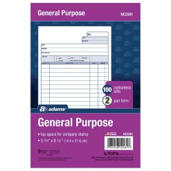 Adams® Carbonless All-Purpose Forms, 2-Part, 8 1/2" x 5 11/16", White/Canary, 100 Sets Per Book