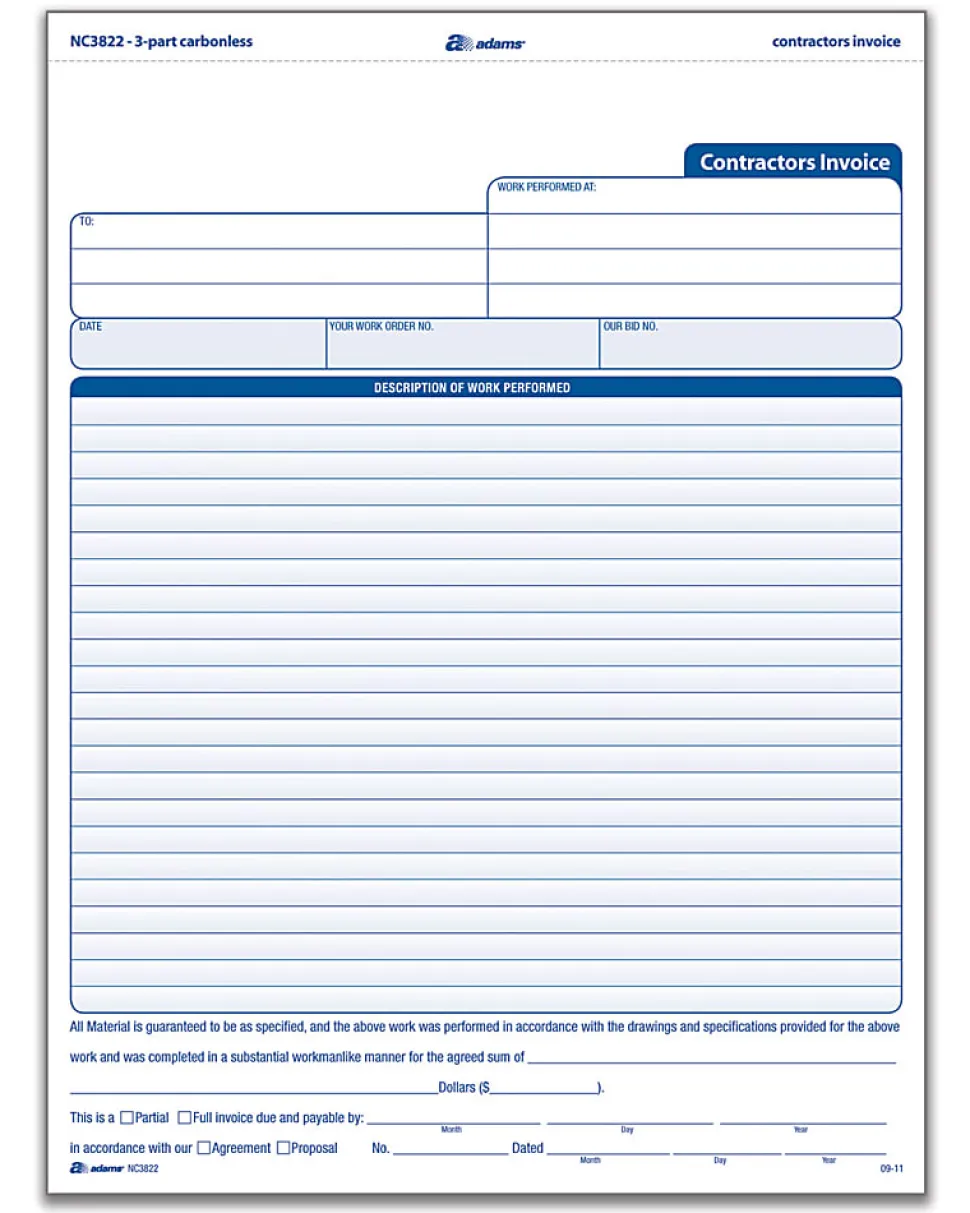 Adams® Carbonless Contractor's Invoices, 3-Part, 100 Sets