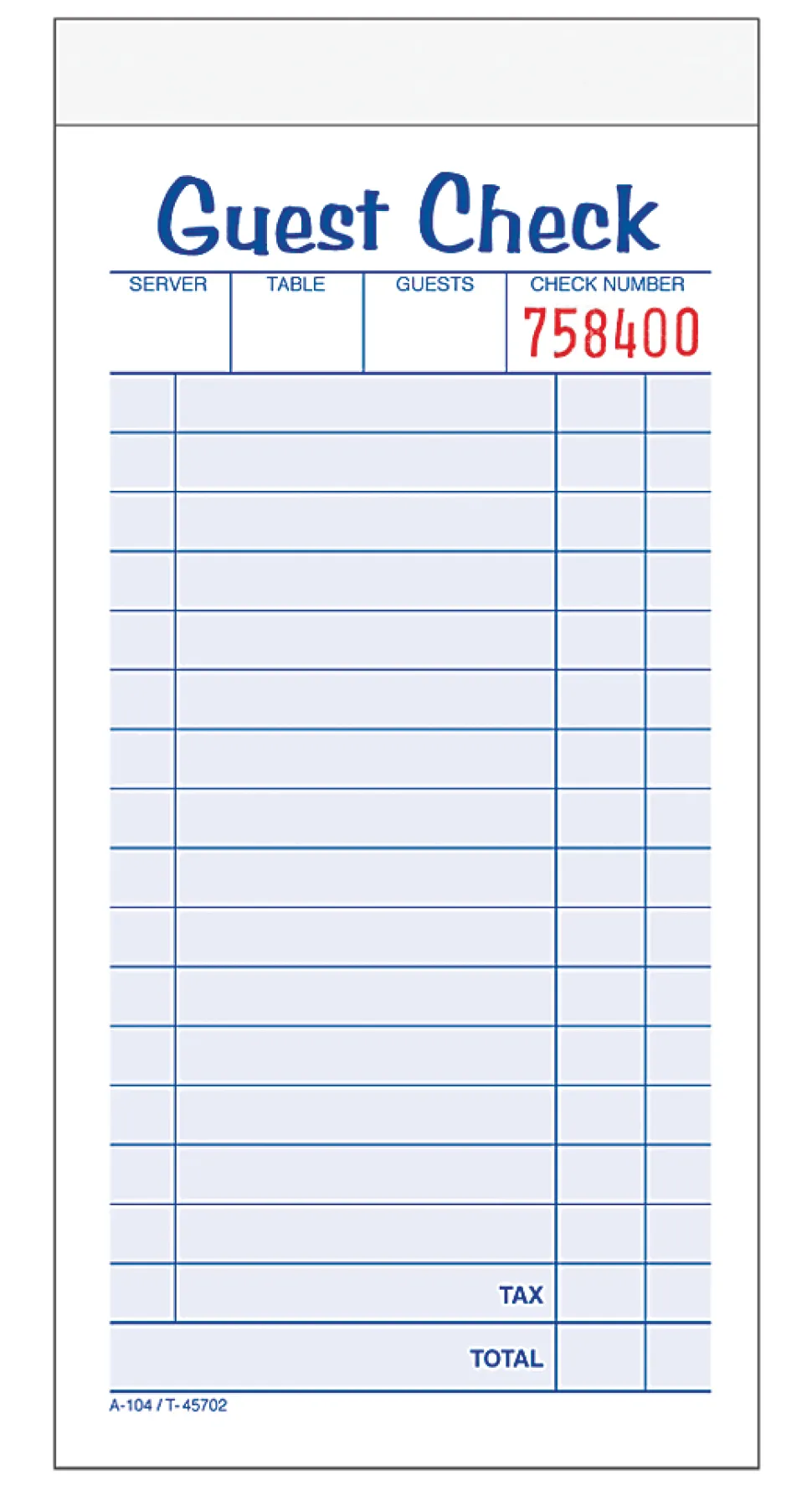 Adams® Carbonless Guest Check Pad, 2-Part, 6 7/8" x 3 3/8", White, 50 Sheets Per Pad, Pack Of 10 Pads