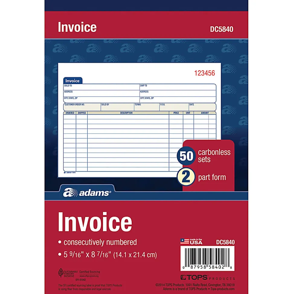Adams® Carbonless Invoice Books, 2-Part, 8 7/16" x 5 9/16", Pack Of 50