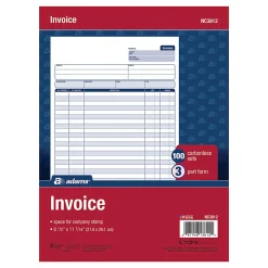 Adams® Carbonless Invoice Unit Sets, 3-Part, 8 1/2" x 11 7/16", Multicolor, 100 Sheets Per Pad, Pack Of 4 Pads