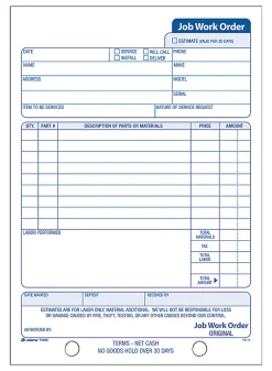 Adams® Carbonless Job Work Order Book, 5 9/16" x 8 7/16", 3-Part, White/Canary/White Tag