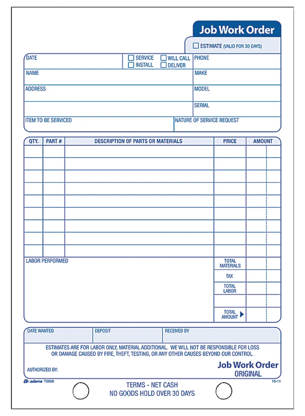 Adams® Carbonless Job Work Order Book, 5 9/16" x 8 7/16", 3-Part, White/Canary/White Tag