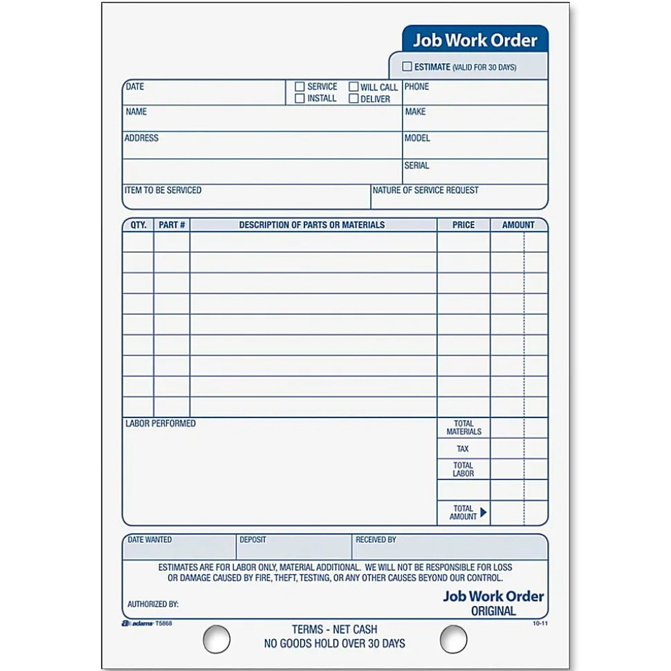 Adams® Carbonless Job Work Order Book, 5 9/16" x 8 7/16", 3-Part, White/Canary/White Tag