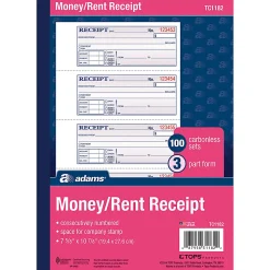 Adams® Carbonless Money/Rent Receipt Book, 3-Part, 7 5/8" x 11", Book Of 100 Sets