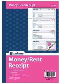 Adams® Carbonless Money/Rent Receipt Book, 3-Part, 7 5/8