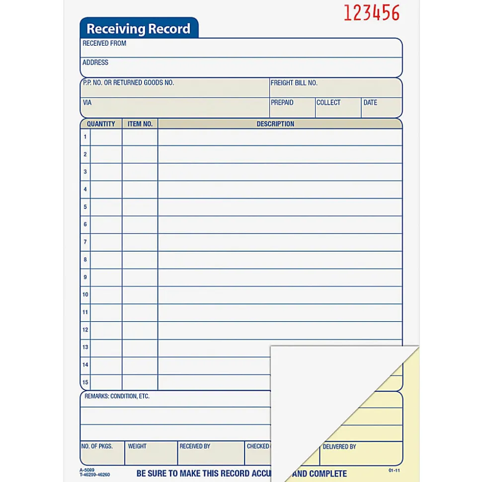 Adams® Carbonless 2-Part Receiving Record Book, 5 9/16" x 8 7/16", Book Of 50 Sets