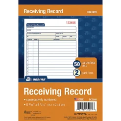Adams® Carbonless 2-Part Receiving Record Book, 5 9/16" x 8 7/16", Book Of 50 Sets