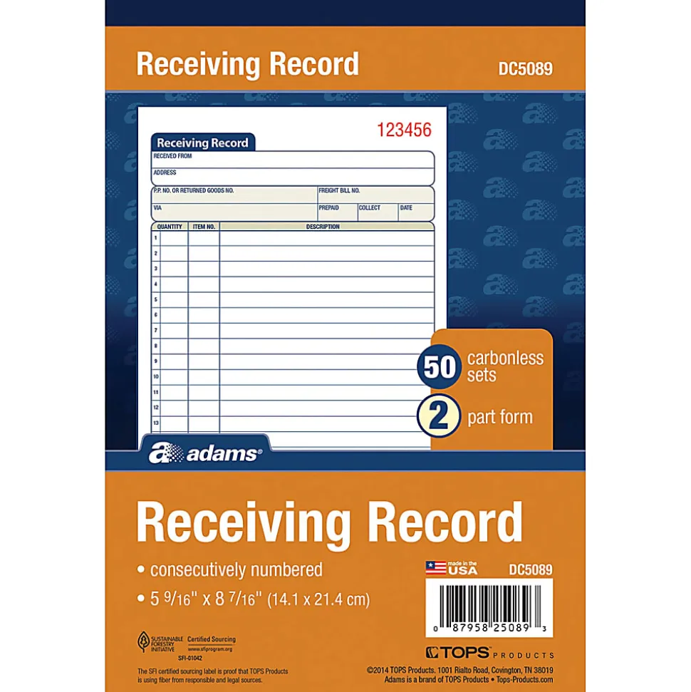 Adams® Carbonless 2-Part Receiving Record Book, 5 9/16" x 8 7/16", Book Of 50 Sets