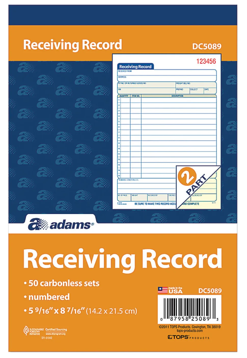 Adams® Carbonless 2-Part Receiving Record Book, 5 9/16" x 8 7/16", Book Of 50 Sets