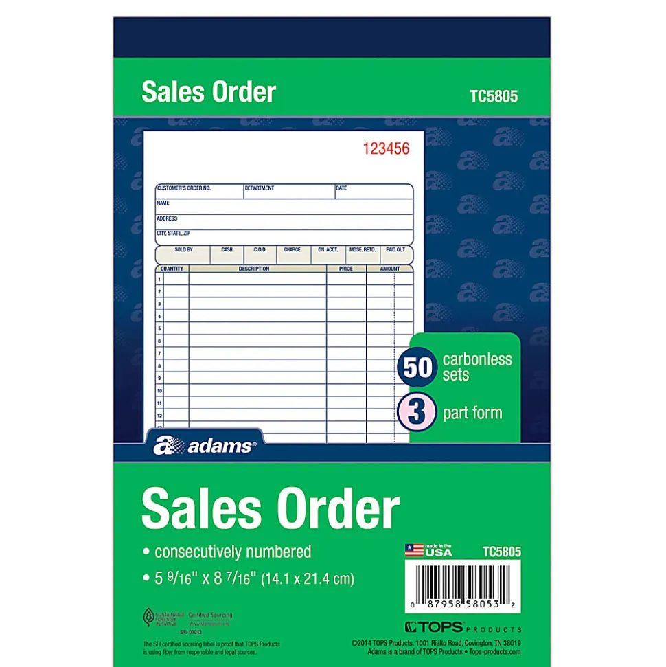 Adams® Carbonless 3-Part Sales Book, 5 9/16" x 8 7/16", Pack Of 50 Sets