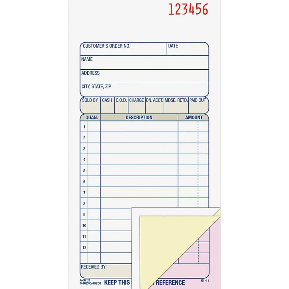 Adams® Carbonless 3-Part Sales Book, 3 11/32" x 7 3/16"