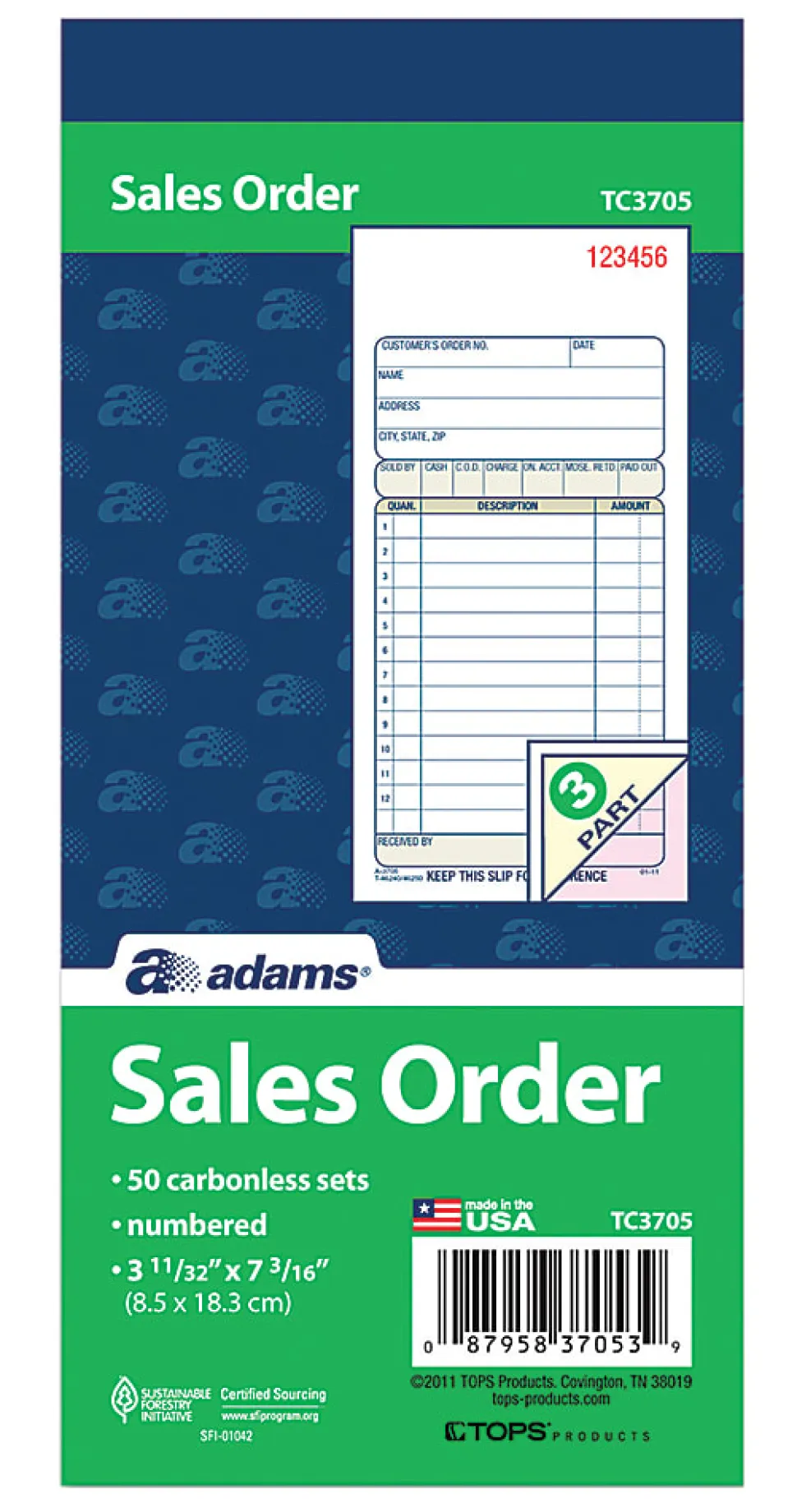 Adams® Carbonless 3-Part Sales Book, 3 11/32" x 7 3/16"