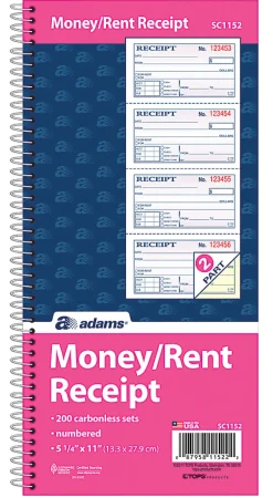 Adams® Carbonless 2-Part Spiral Money/Rent Receipt Book, 11