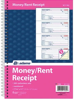 Adams® Carbonless 2-Part Spiral Money/Rent Receipt Book, 7 5/8