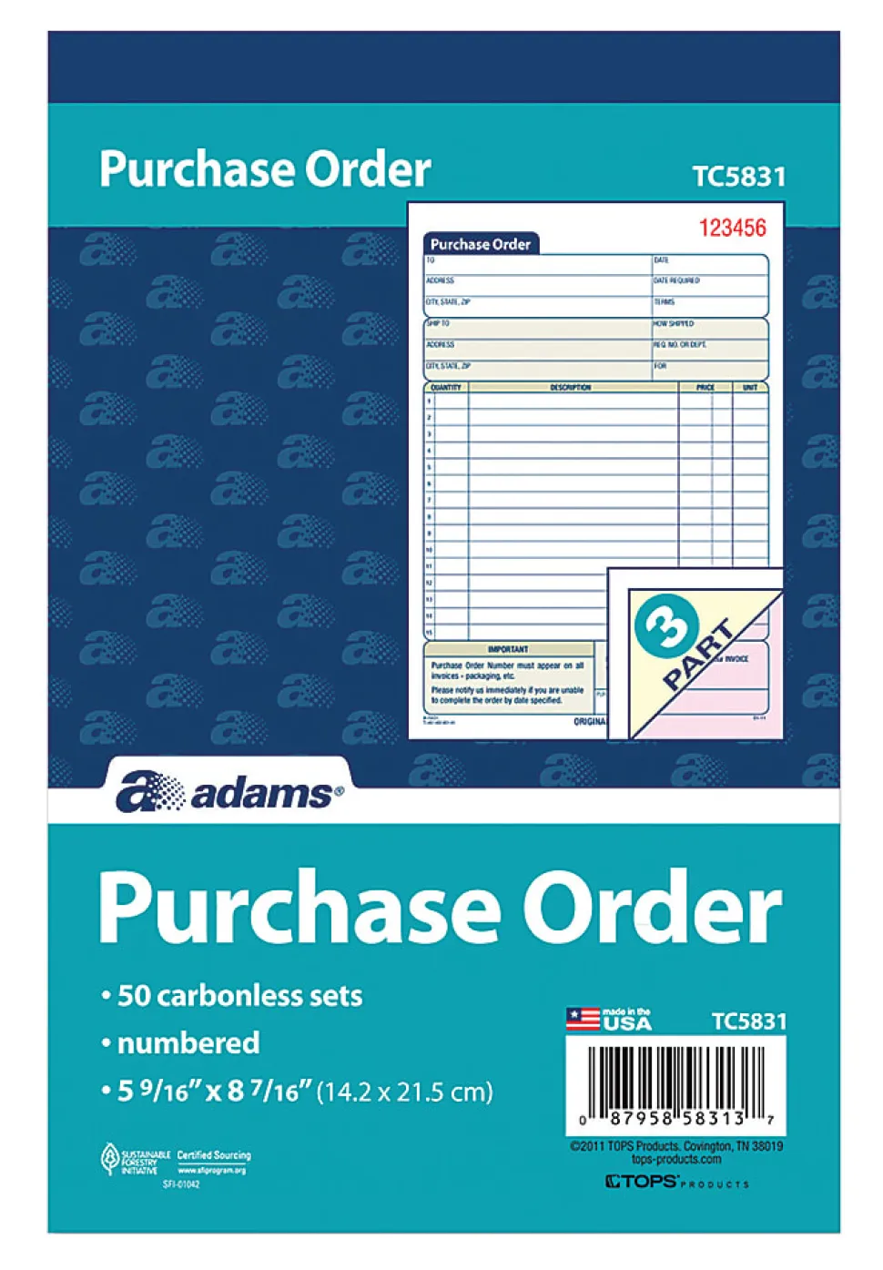Adams® Carbonless Purchase Order Book, 5 9/16" x 8 7/16", 3-Part, 50 Set Pad