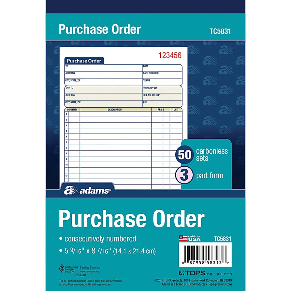 Adams® Carbonless Purchase Order Book, 5 9/16" x 8 7/16", 3-Part, 50 Set Pad