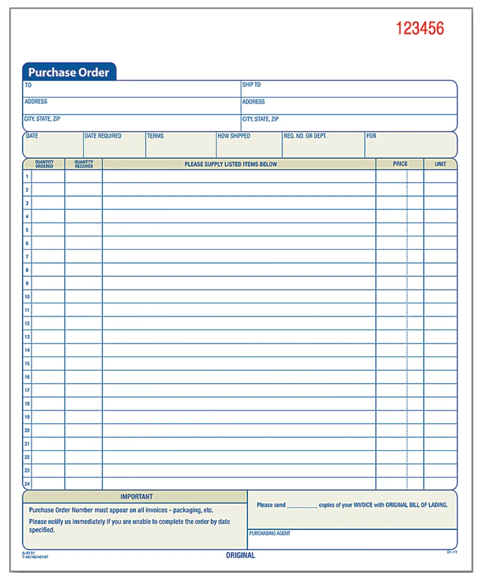 Adams® Carbonless Purchase Order Book, 8 3/8" x 10 11/16", 3-Part, 50 Set Pad