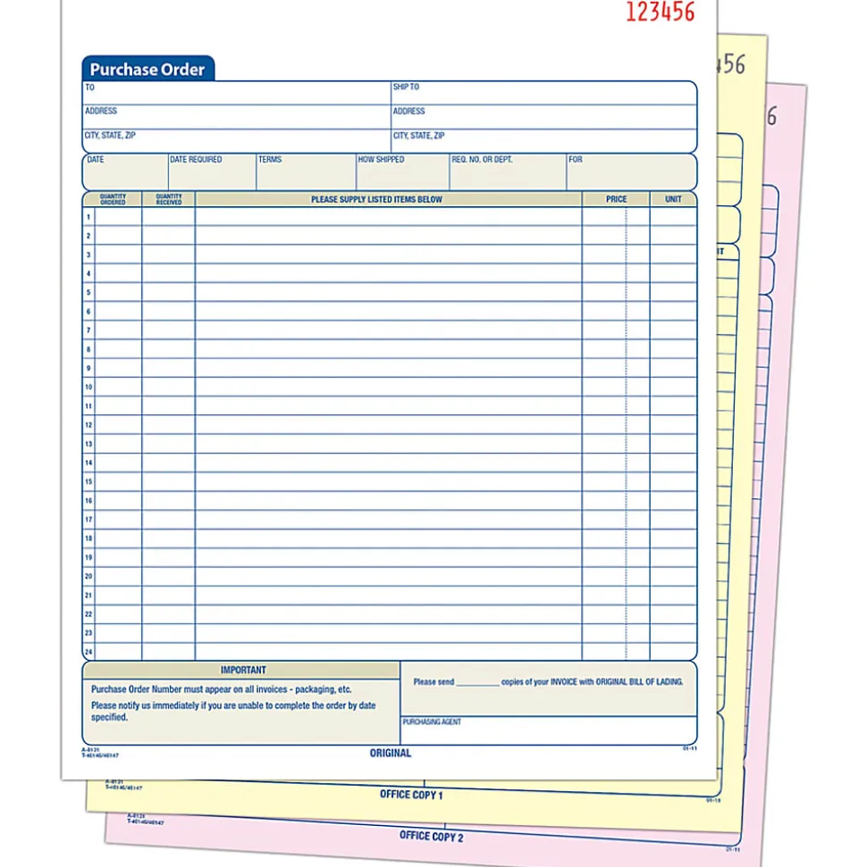 Adams® Carbonless Purchase Order Book, 8 3/8" x 10 11/16", 3-Part, 50 Set Pad